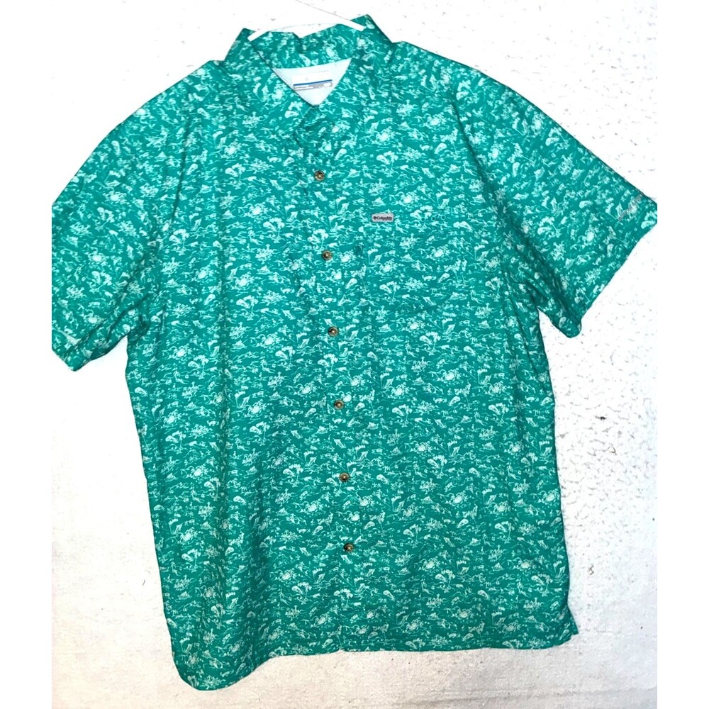 Columbia PFG Short Sleeve Shirt Mens M Green Marlin Vented Fishing Performance
